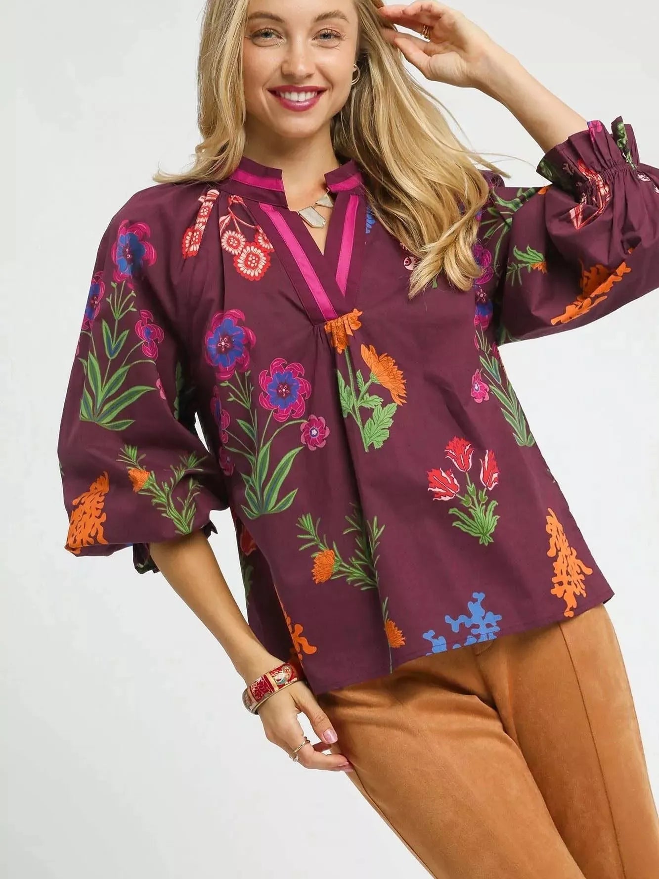 Umgee Vintage Bloom Floral Print Flounce Sleeve Blouse-Women's Shirts & Tops-Shop Z & Joxa