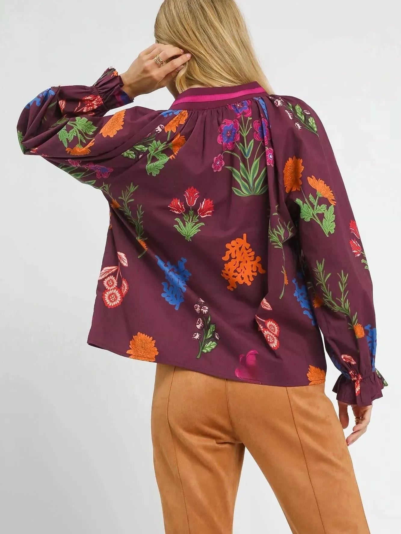 Umgee Vintage Bloom Floral Print Flounce Sleeve Blouse-Women's Shirts & Tops-Shop Z & Joxa