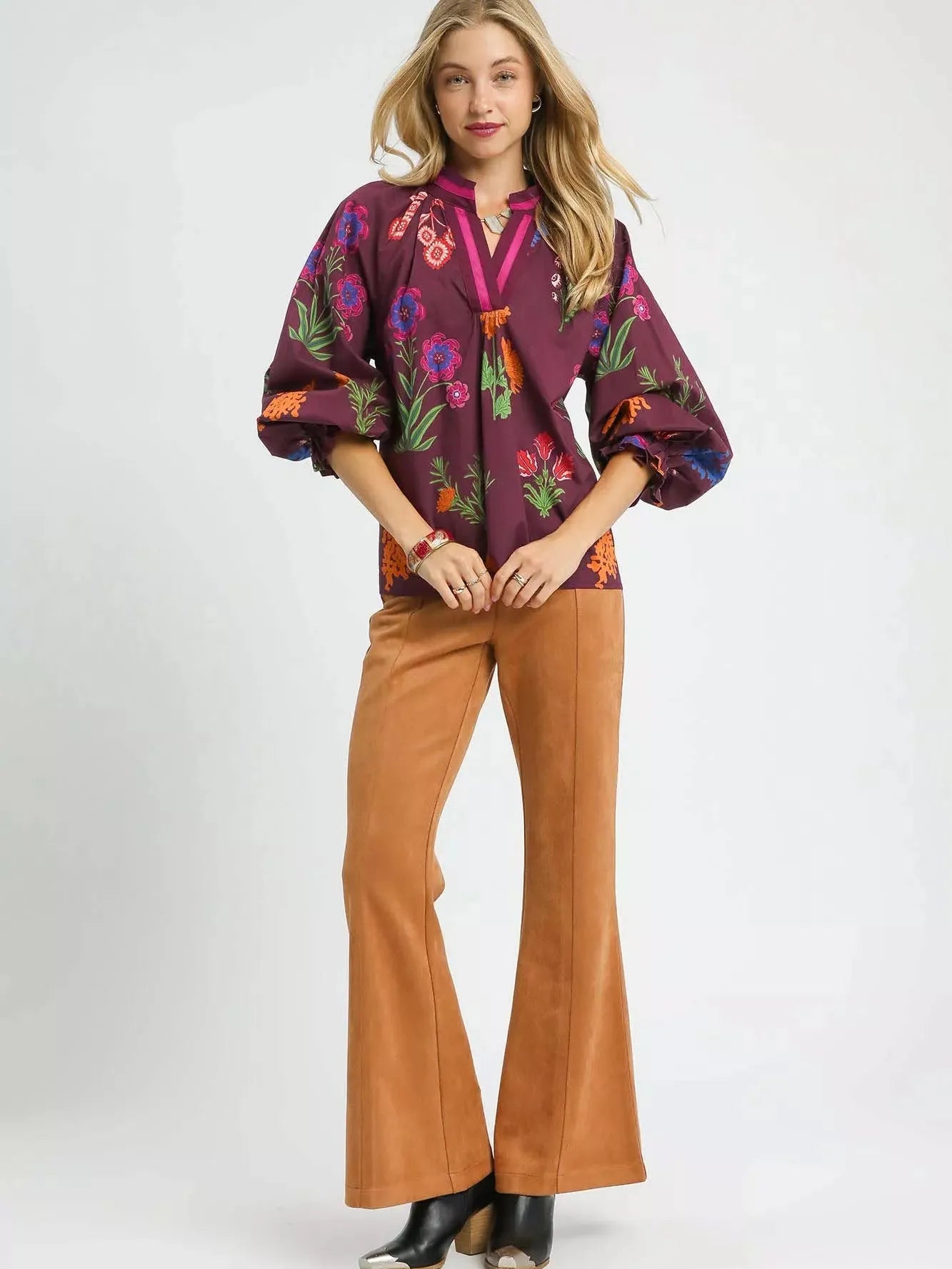 Umgee Vintage Bloom Floral Print Flounce Sleeve Blouse-Women's Shirts & Tops-Shop Z & Joxa