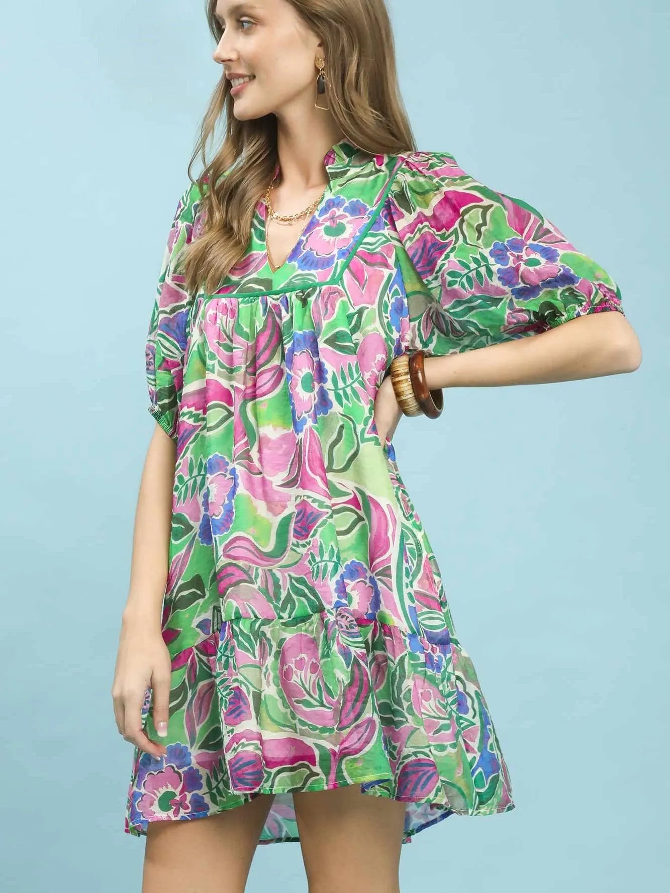 Umgee Watercolor Whimsy Green Floral Babydoll Dress-Women's Dresses-Shop Z & Joxa