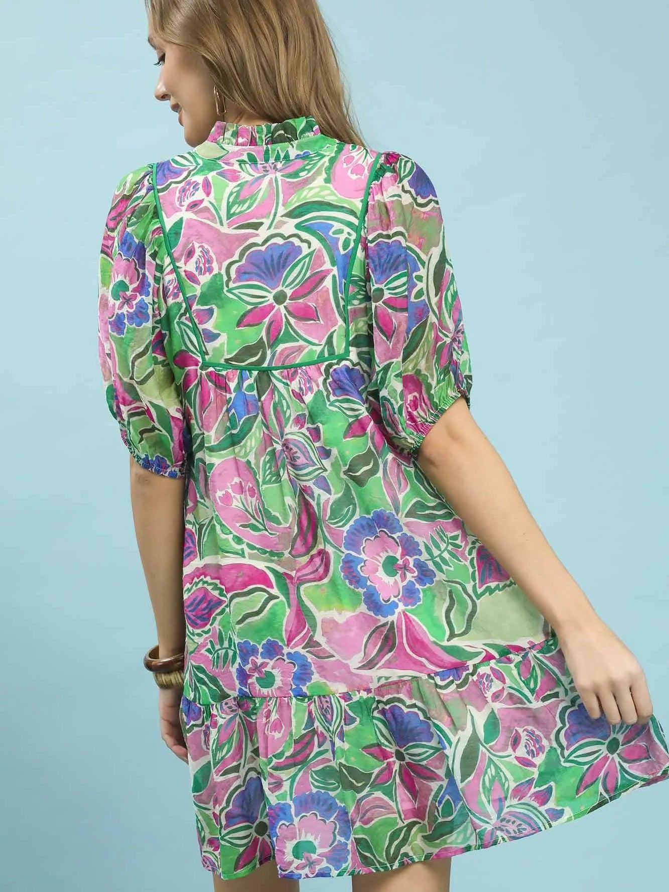 Umgee Watercolor Whimsy Green Floral Babydoll Dress-Women's Dresses-Shop Z & Joxa