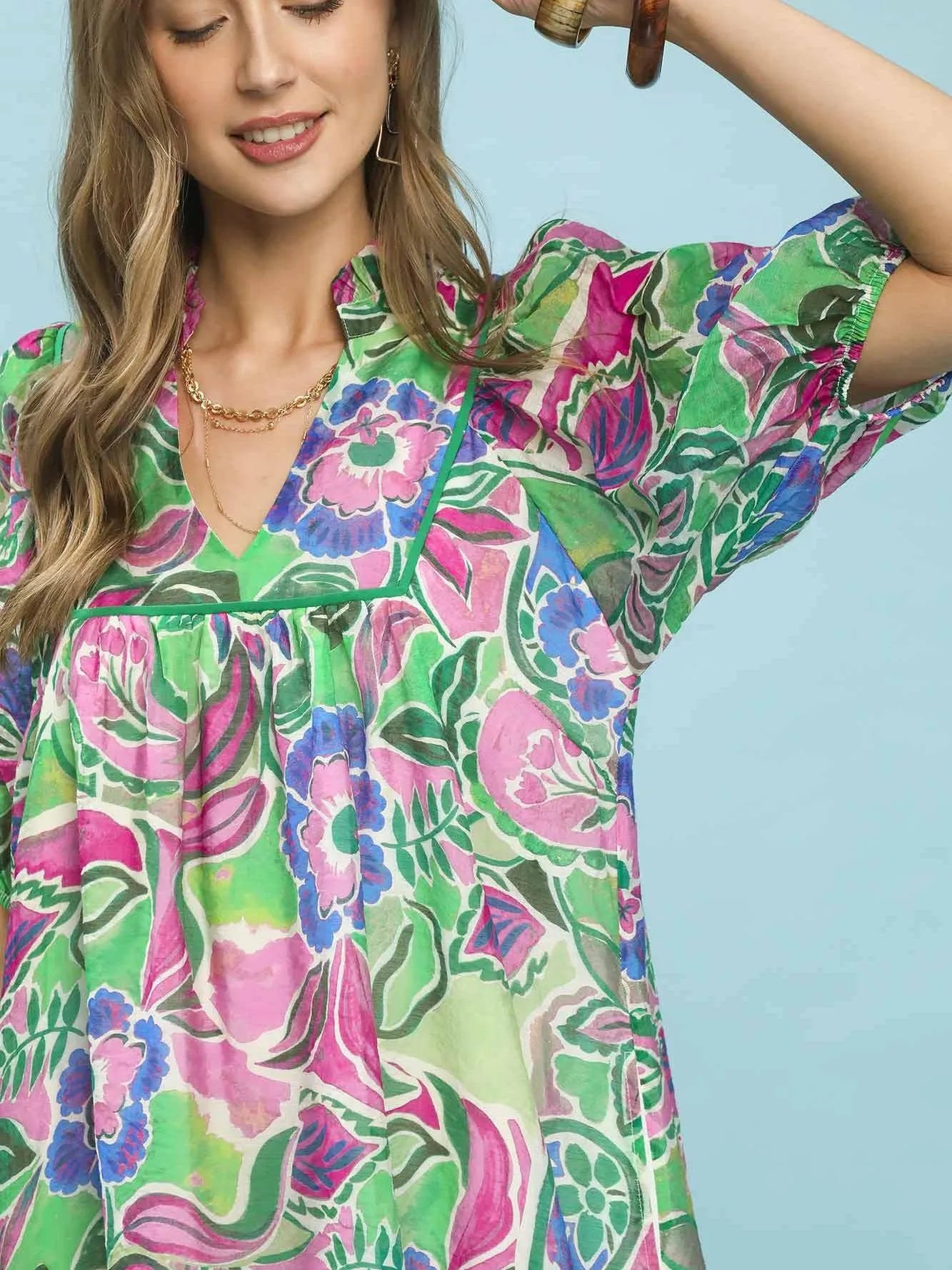 Umgee Watercolor Whimsy Green Floral Babydoll Dress-Women's Dresses-Shop Z & Joxa