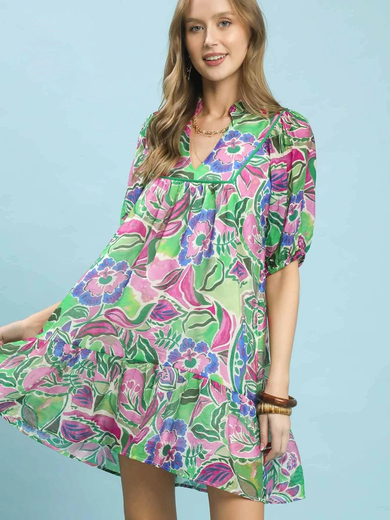 Umgee Watercolor Whimsy Green Floral Babydoll Dress-Women's Dresses-Shop Z & Joxa