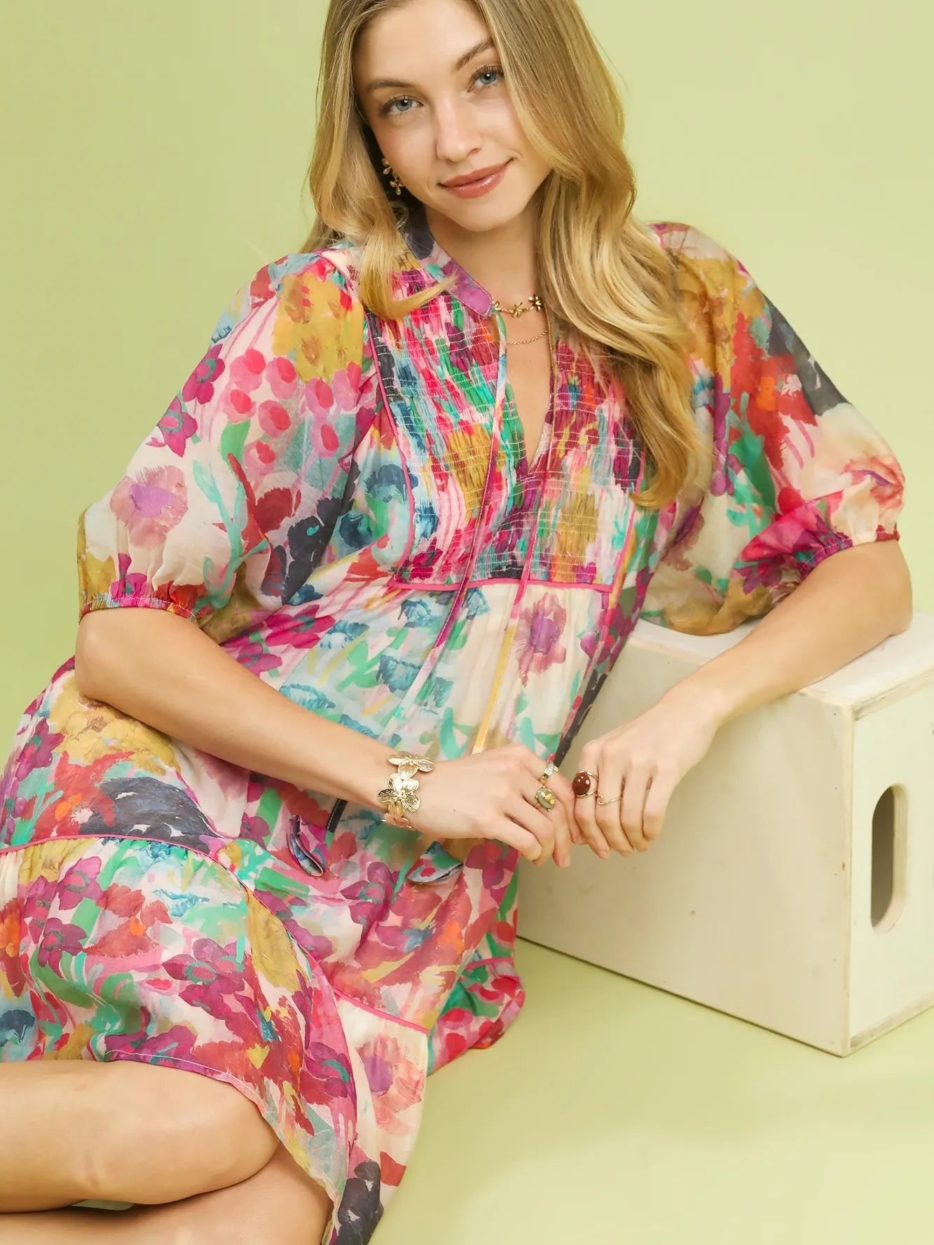 Umgee Watercolor Whimsy Pink Floral Babydoll Dress-Women's Dresses-Shop Z & Joxa