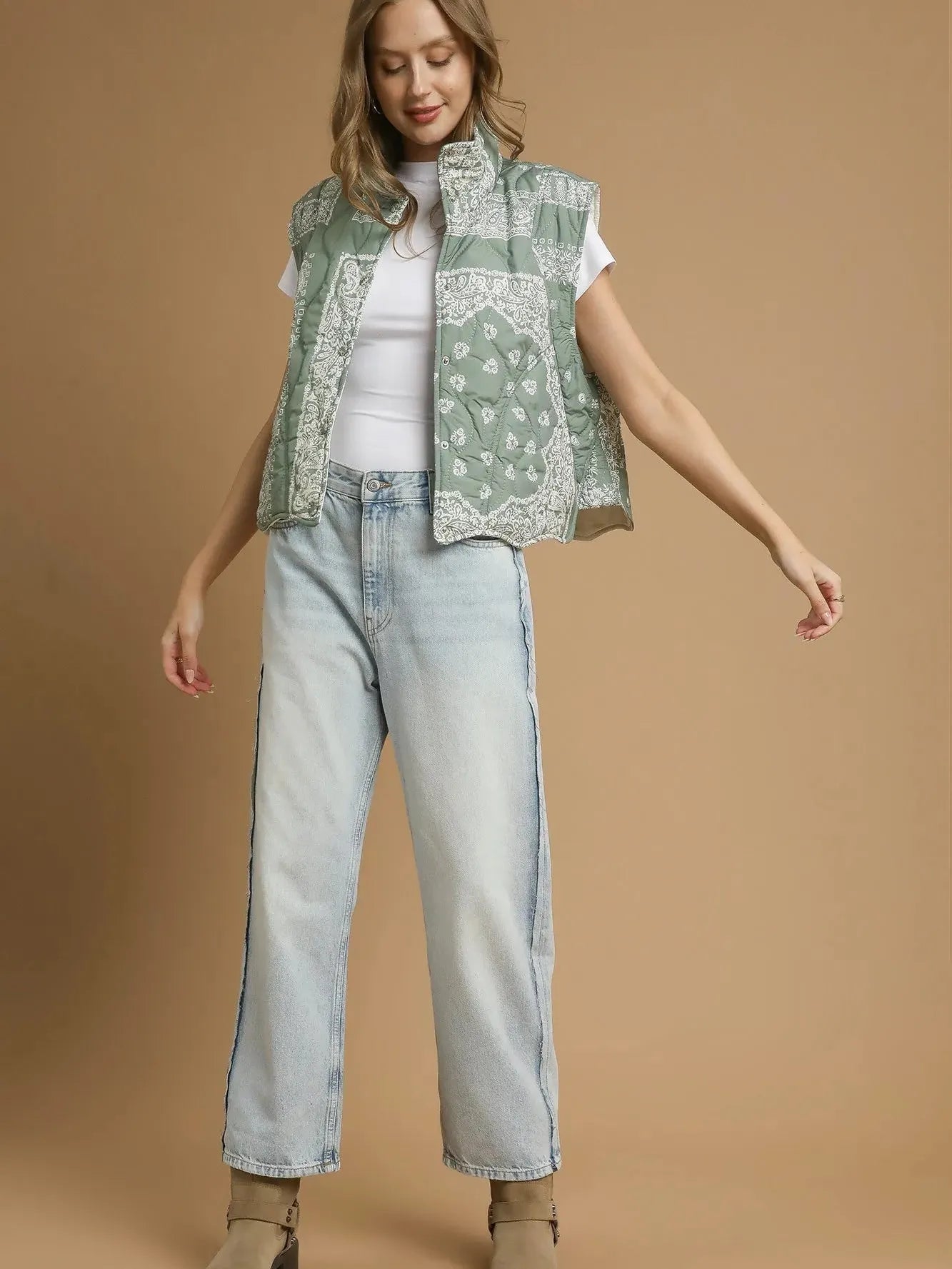 Umgee Wild Heart Bandana Quilted Puffer Vest-Women's Shirts & Tops-Shop Z & Joxa