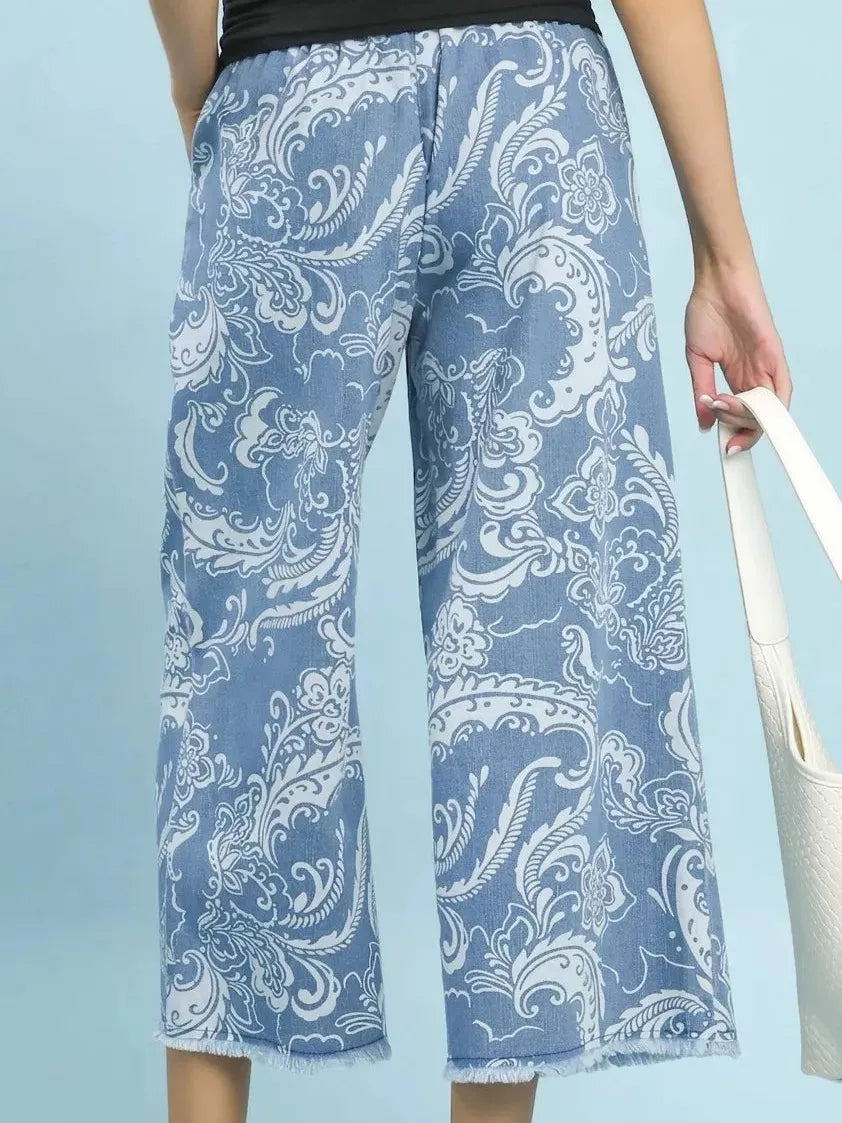 Umgee Wildflower Wash Stone Wash Wide Leg Crop Pants-Women's Pants-Shop Z & Joxa