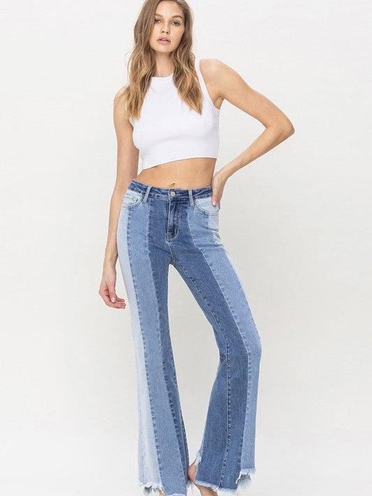 VERVET By Flying Monkey Fun Shades of Denim High Rise Flare Jeans with Raw Hem-Women's Clothing-Shop Z & Joxa