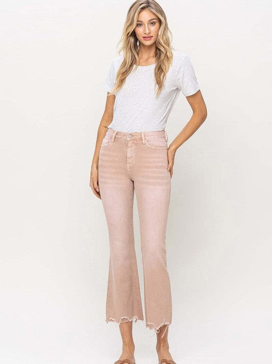 VERVET By Flying Monkey Laid Back Coral High Rise Distressed Hem Crop Flare Jeans-Women's Clothing-Shop Z & Joxa