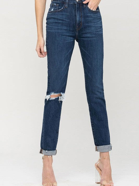 VERVET By Flying Monkey Let the Good Times Roll Distressed High Waist Roll Up Mom Jeans-Women's Clothing-Shop Z & Joxa