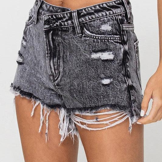 VERVET By Flying Monkey Live and Let Live Distressed Criss-cross High Rise Shorts-Women's Clothing-Shop Z & Joxa