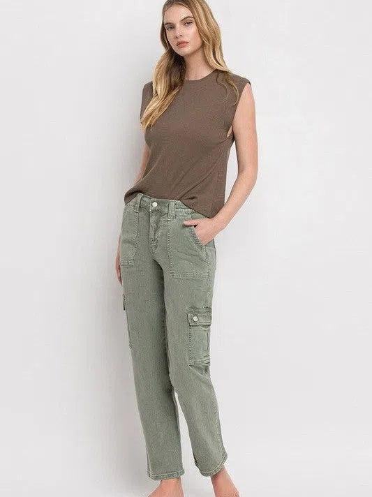 VERVET by Flying Monkey Army Green High Rise Cargo Straight Jeans-Women's Clothing-Shop Z & Joxa