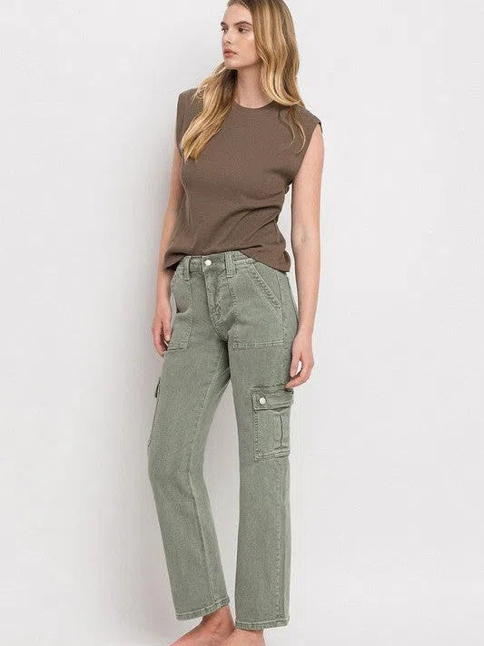 VERVET by Flying Monkey Army Green High Rise Cargo Straight Jeans-Women's Clothing-Shop Z & Joxa