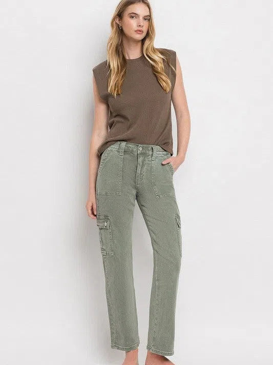 VERVET by Flying Monkey Army Green High Rise Cargo Straight Jeans-Women's Clothing-Shop Z & Joxa