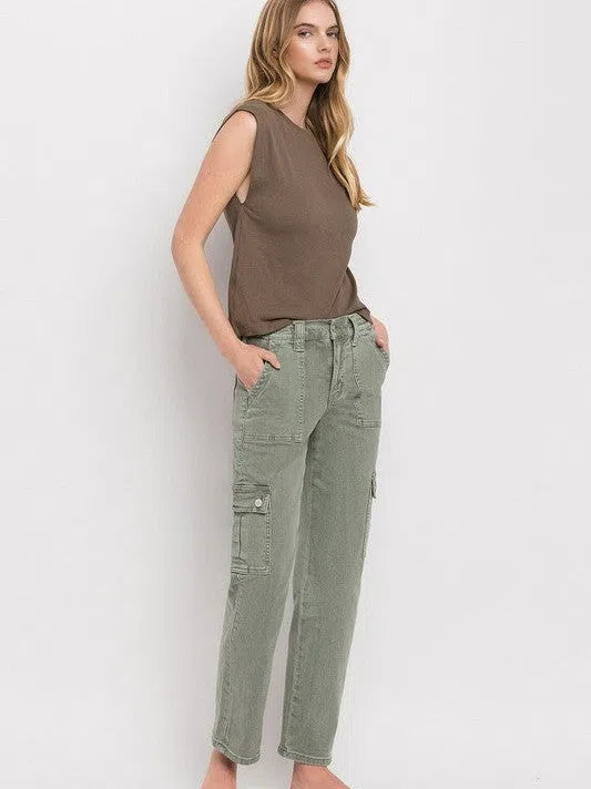 VERVET by Flying Monkey Army Green High Rise Cargo Straight Jeans-Women's Clothing-Shop Z & Joxa