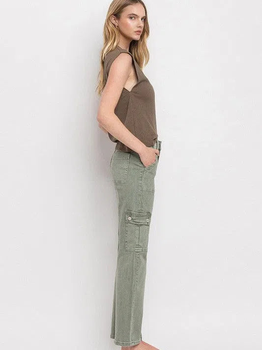 VERVET by Flying Monkey Army Green High Rise Cargo Straight Jeans-Women's Clothing-Shop Z & Joxa