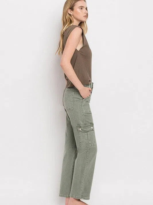 VERVET by Flying Monkey Army Green High Rise Cargo Straight Jeans-Women's Clothing-Shop Z & Joxa