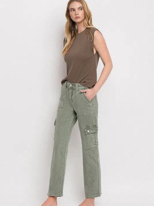 VERVET by Flying Monkey Army Green High Rise Cargo Straight Jeans-Women's Clothing-Shop Z & Joxa