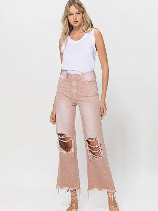 VERVET by Flying Monkey Vintage Distressed High Waist Flare Crop Jeans in Rose Pink-Women's Clothing-Shop Z & Joxa