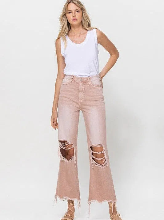 VERVET by Flying Monkey Vintage Distressed High Waist Flare Crop Jeans in Rose Pink-Women's Clothing-Shop Z & Joxa