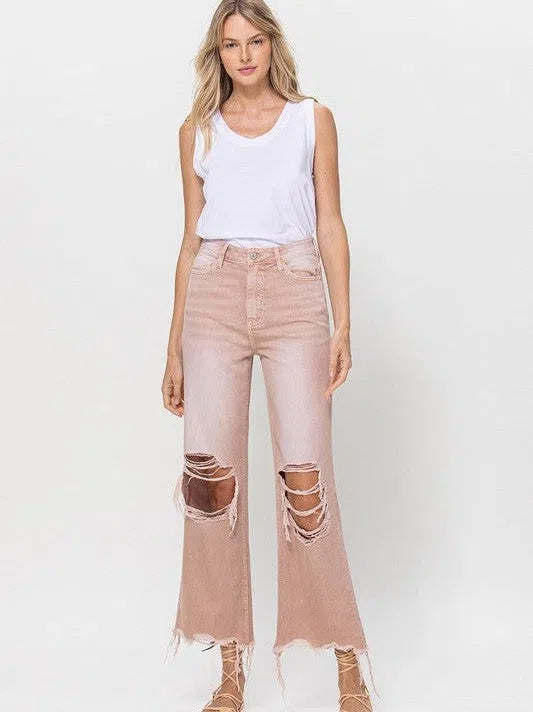 VERVET by Flying Monkey Vintage Distressed High Waist Flare Crop Jeans in Rose Pink-Women's Clothing-Shop Z & Joxa