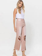 VERVET by Flying Monkey Vintage Distressed High Waist Flare Crop Jeans in Rose Pink-Women's Clothing-Shop Z & Joxa