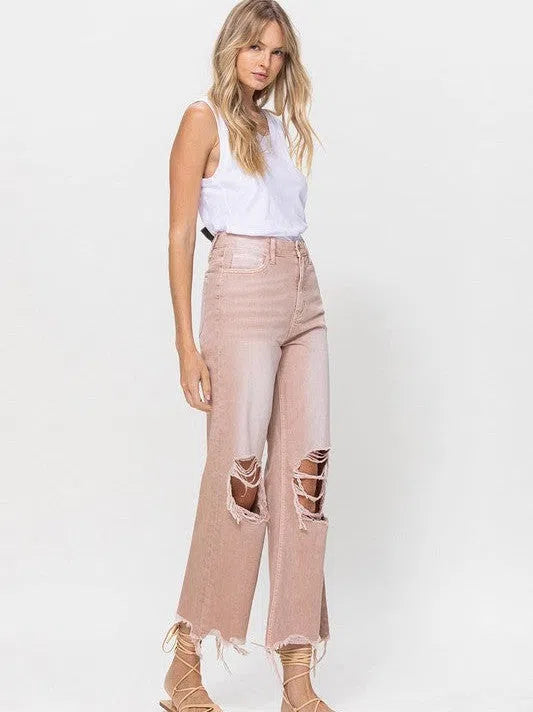 VERVET by Flying Monkey Vintage Distressed High Waist Flare Crop Jeans in Rose Pink-Women's Clothing-Shop Z & Joxa