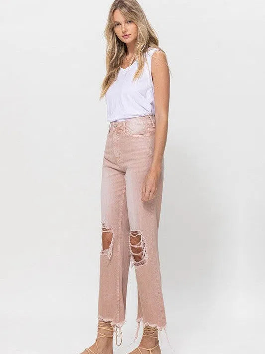 VERVET by Flying Monkey Vintage Distressed High Waist Flare Crop Jeans in Rose Pink-Women's Clothing-Shop Z & Joxa