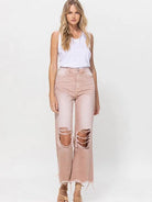 VERVET by Flying Monkey Vintage Distressed High Waist Flare Crop Jeans in Rose Pink-Women's Clothing-Shop Z & Joxa