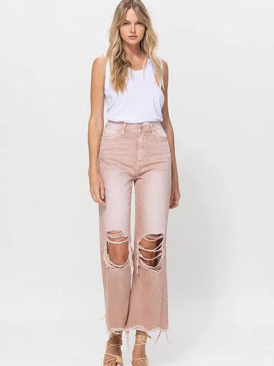 VERVET by Flying Monkey Vintage Distressed High Waist Flare Crop Jeans in Rose Pink-Women's Clothing-Shop Z & Joxa