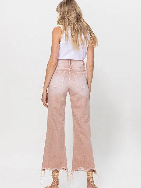 VERVET by Flying Monkey Vintage Distressed High Waist Flare Crop Jeans in Rose Pink-Women's Clothing-Shop Z & Joxa