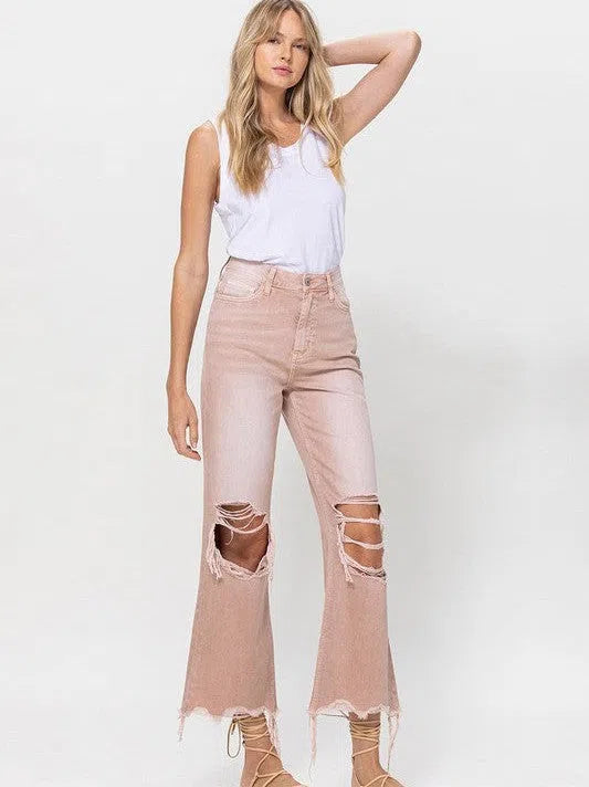 VERVET by Flying Monkey Vintage Distressed High Waist Flare Crop Jeans in Rose Pink-Women's Clothing-Shop Z & Joxa