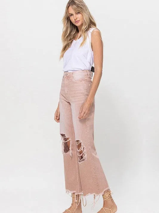 VERVET by Flying Monkey Vintage Distressed High Waist Flare Crop Jeans in Rose Pink-Women's Clothing-Shop Z & Joxa