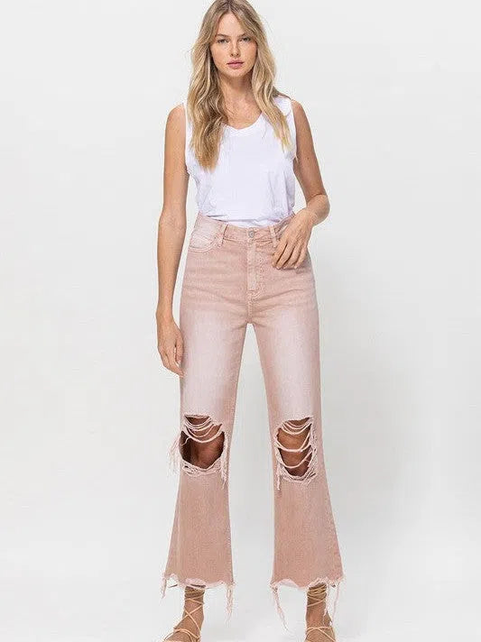 VERVET by Flying Monkey Vintage Distressed High Waist Flare Crop Jeans in Rose Pink-Women's Clothing-Shop Z & Joxa