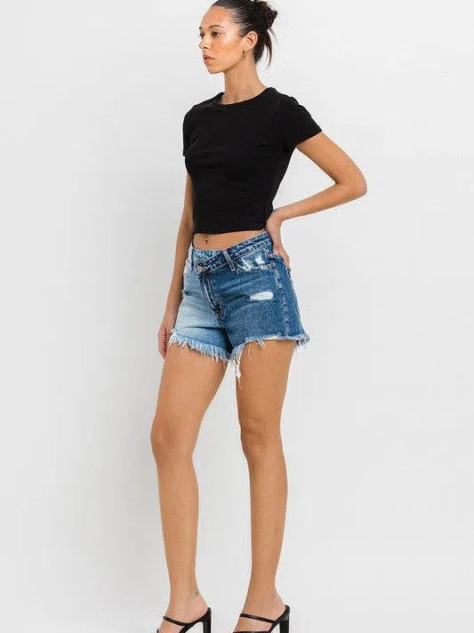 VERVET by Flying Monkey Wood Street Super High Rise Two Tone Denim Shorts-Women's Clothing-Shop Z & Joxa