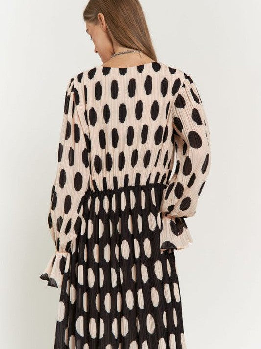 Vintage Charm Polka Dot Long Sleeve Pleated Maxi Dress with Ruffles-Women's Clothing-Shop Z & Joxa