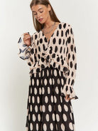 Vintage Charm Polka Dot Long Sleeve Pleated Maxi Dress with Ruffles-Women's Clothing-Shop Z & Joxa