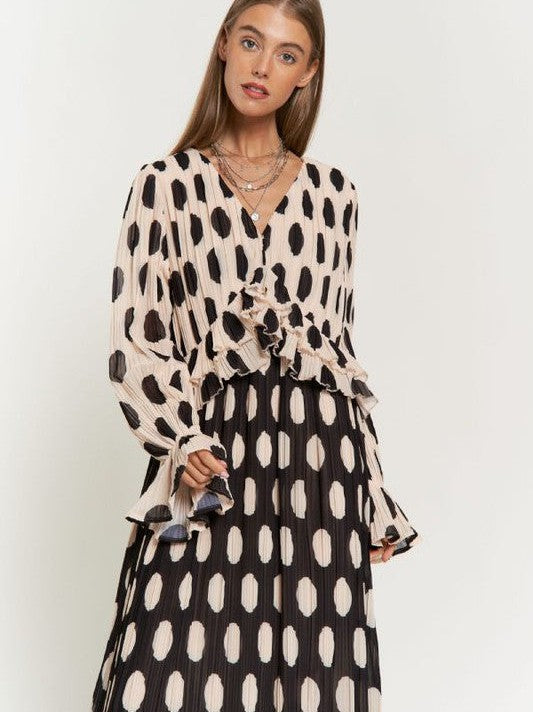 Vintage Charm Polka Dot Long Sleeve Pleated Maxi Dress with Ruffles-Women's Clothing-Shop Z & Joxa