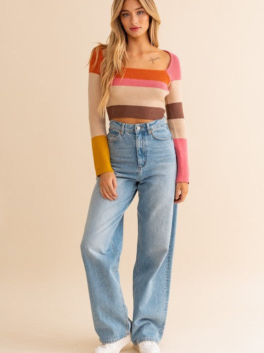 Vintage is the New Modern Long Sleeve Color Block Striped Crop Top-Women's Clothing-Shop Z & Joxa