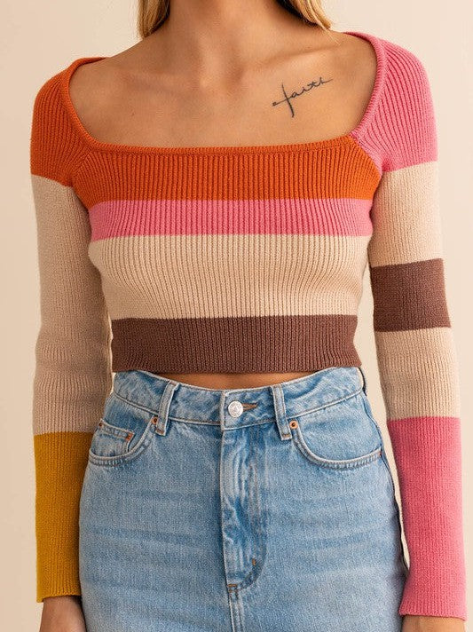 Vintage is the New Modern Long Sleeve Color Block Striped Crop Top-Women's Clothing-Shop Z & Joxa