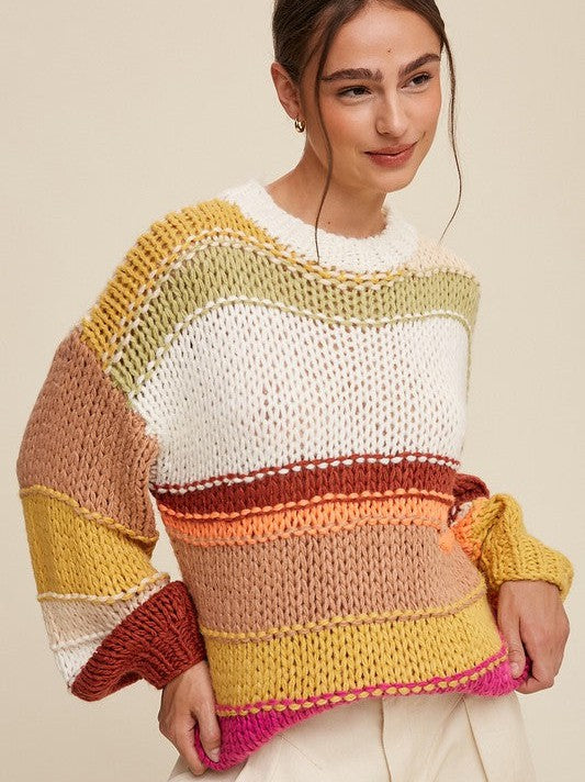 Warm Stripes Mixed Knit Hand Crochet Slouchy Sweater-Women's Clothing-Shop Z & Joxa