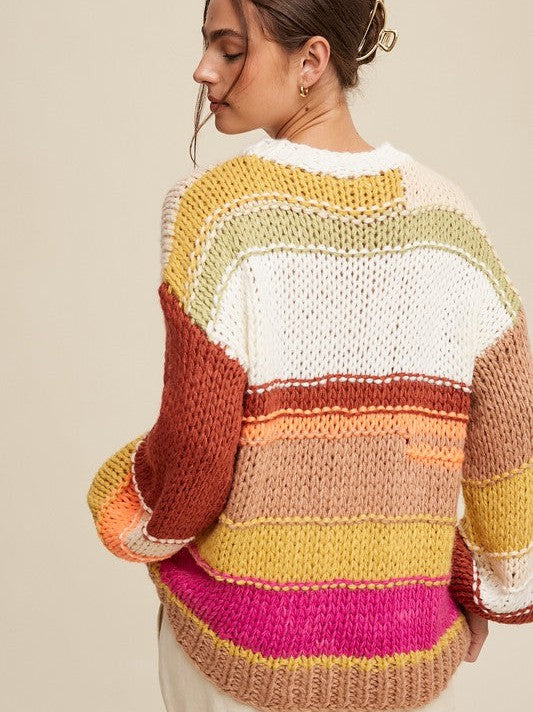 Warm Stripes Mixed Knit Hand Crochet Slouchy Sweater-Women's Clothing-Shop Z & Joxa