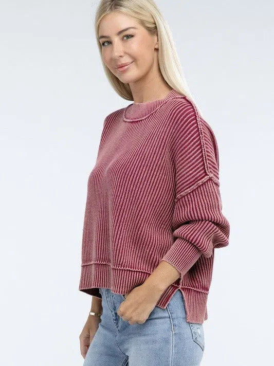 Washed Side Slit Oversized Cropped Sweater-Women's Clothing-Shop Z & Joxa