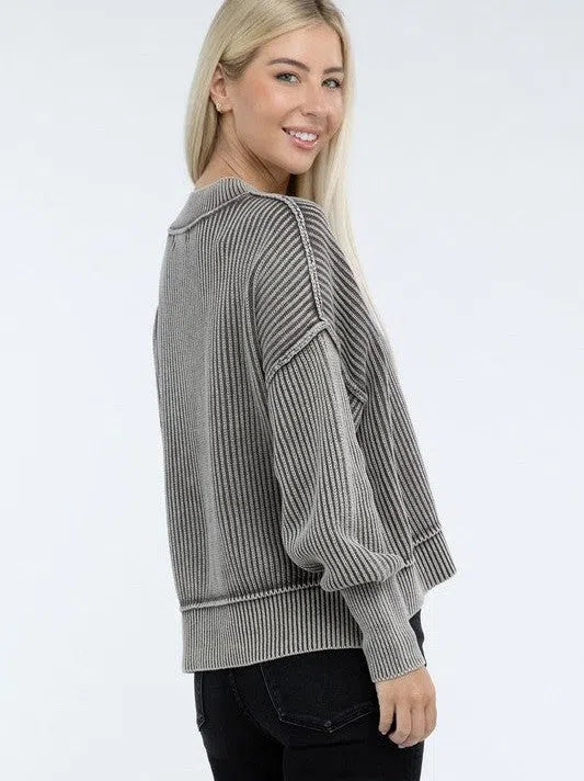 Washed Side Slit Oversized Cropped Sweater-Women's Clothing-Shop Z & Joxa