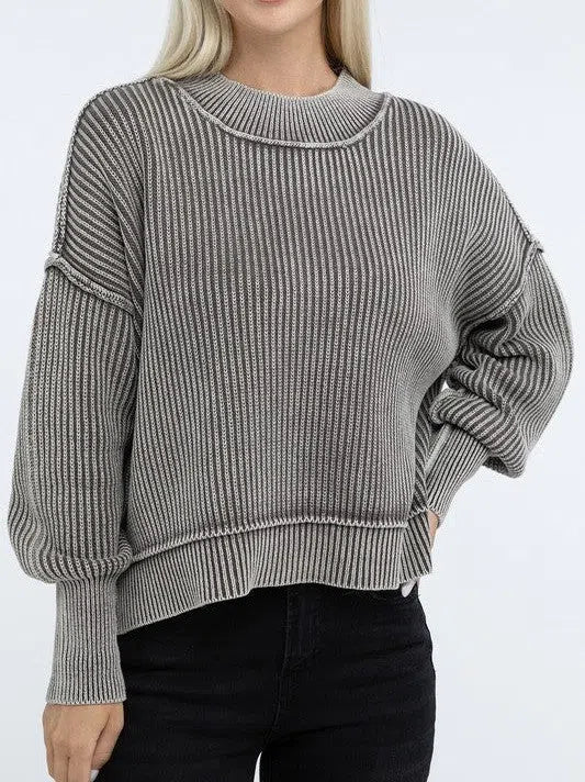 Washed Side Slit Oversized Cropped Sweater-Women's Clothing-Shop Z & Joxa