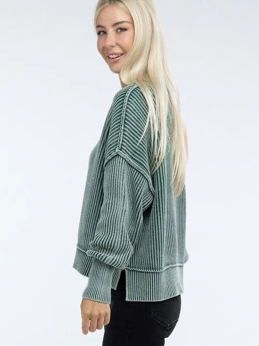 Washed Side Slit Oversized Cropped Sweater-Women's Clothing-Shop Z & Joxa