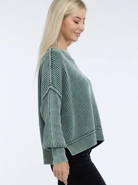 Washed Side Slit Oversized Cropped Sweater-Women's Clothing-Shop Z & Joxa