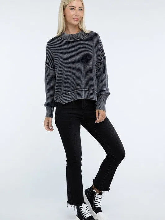 Washed Side Slit Oversized Cropped Sweater-Women's Clothing-Shop Z & Joxa