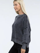 Washed Side Slit Oversized Cropped Sweater-Women's Clothing-Shop Z & Joxa