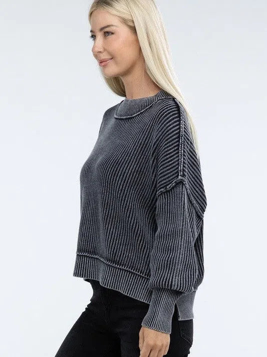 Washed Side Slit Oversized Cropped Sweater-Women's Clothing-Shop Z & Joxa