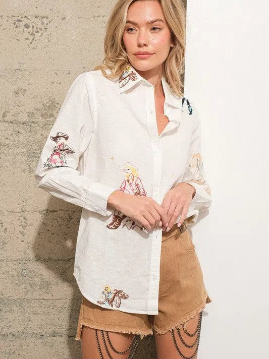 Western Cowgirl Embroidered Linen Shirt Blouse-Women's Clothing-Shop Z & Joxa